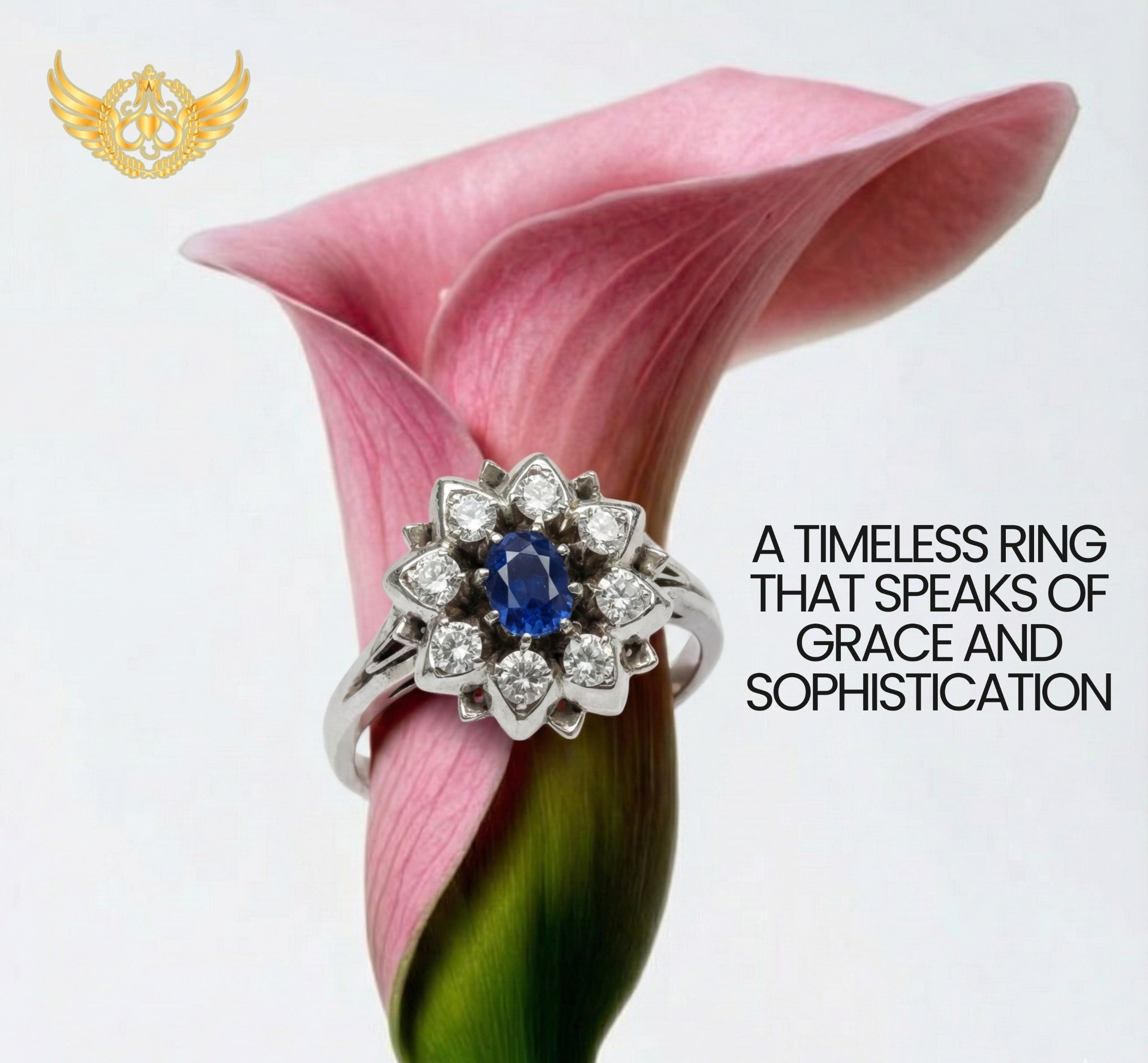 Diamond ring with blue gemstone on a pink flower, Coeur Cult Core branding visible