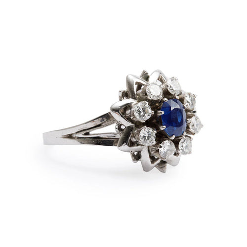 14k White Gold Blue Sapphire &amp; Diamond Cocktail Ring, Size 7.75