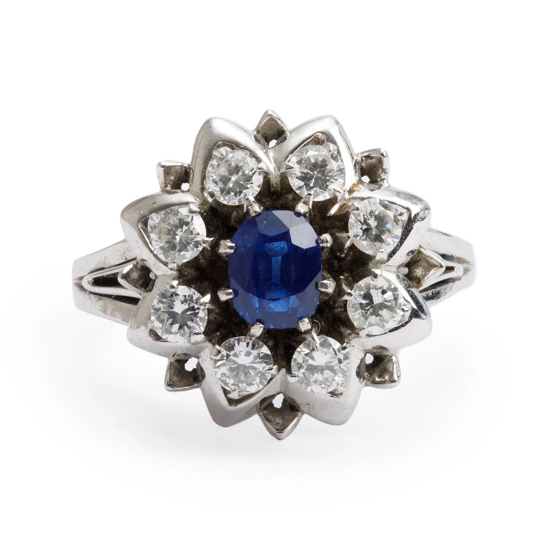 14k White Gold Blue Sapphire &amp; Diamond Cocktail Ring, Size 7.75