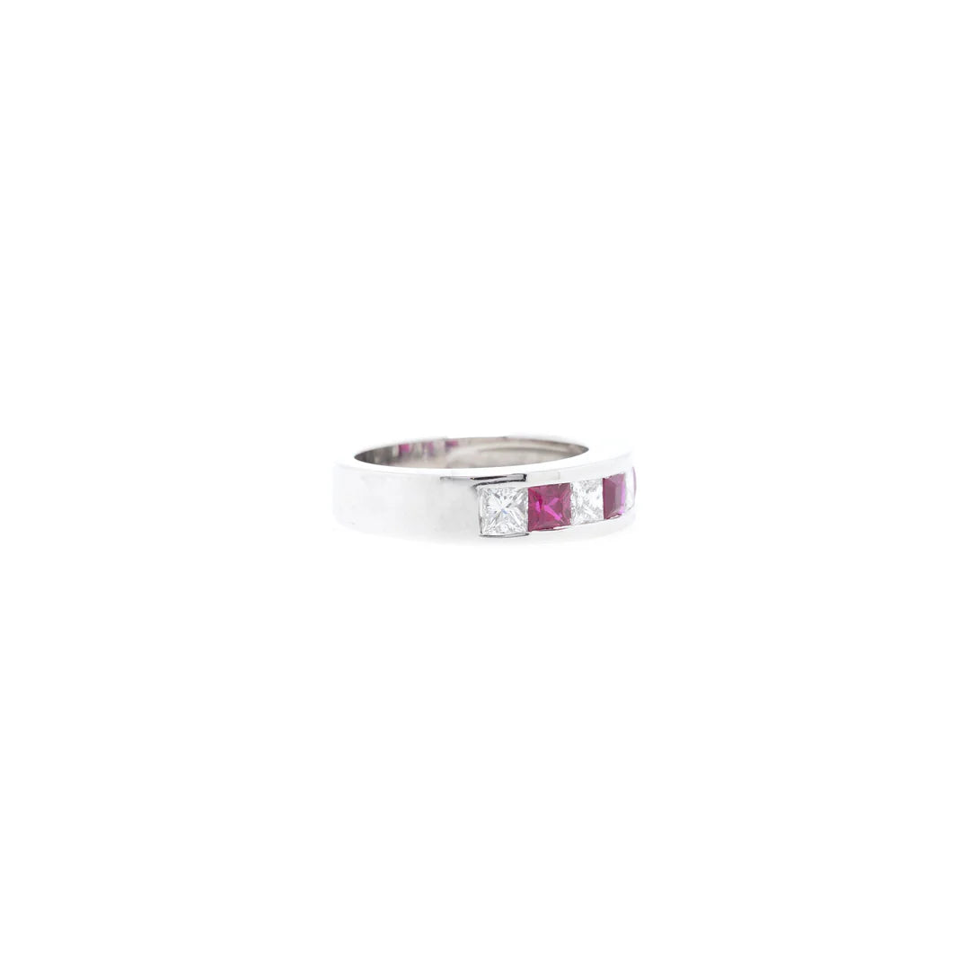 14k White Gold Princess Cut Ruby &amp; Diamond Band Ring