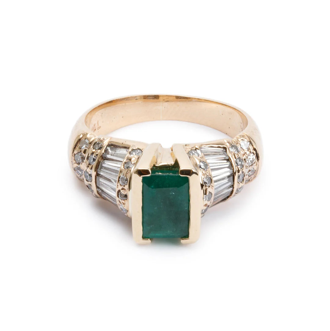 14k Yellow Gold Emerald &amp; Diamond Cocktail Ring, Size 5.25