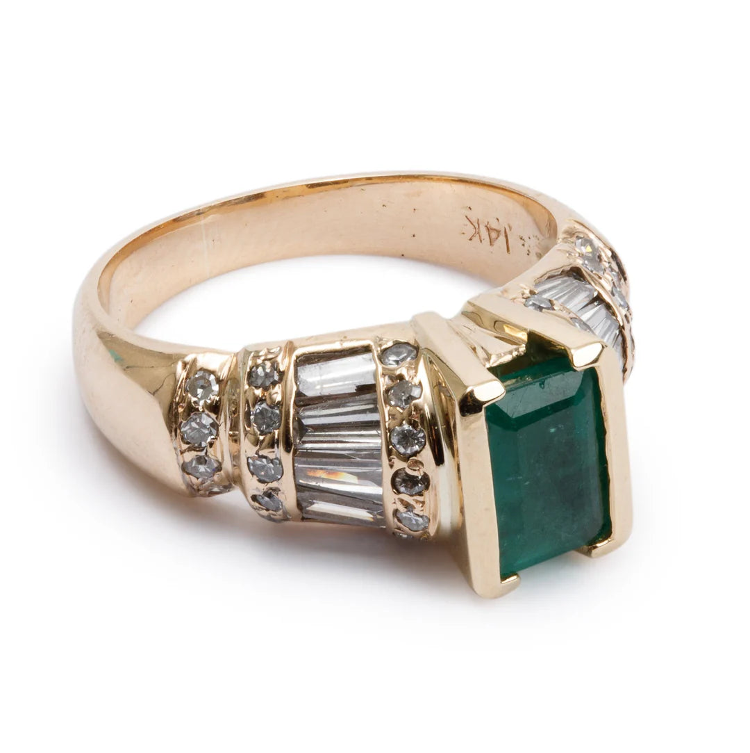 14k Yellow Gold Emerald &amp; Diamond Cocktail Ring, Size 5.25