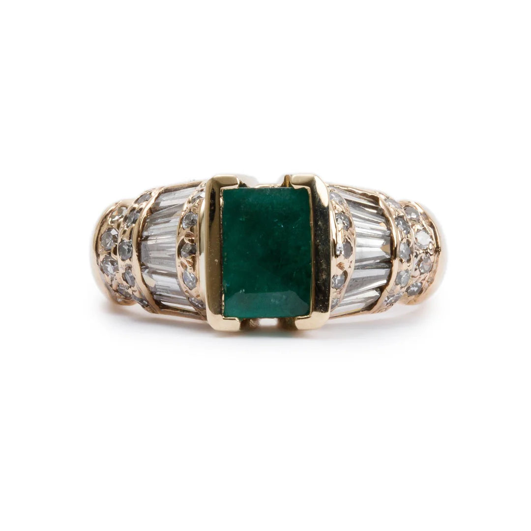 14k Yellow Gold Emerald &amp; Diamond Cocktail Ring, Size 5.25