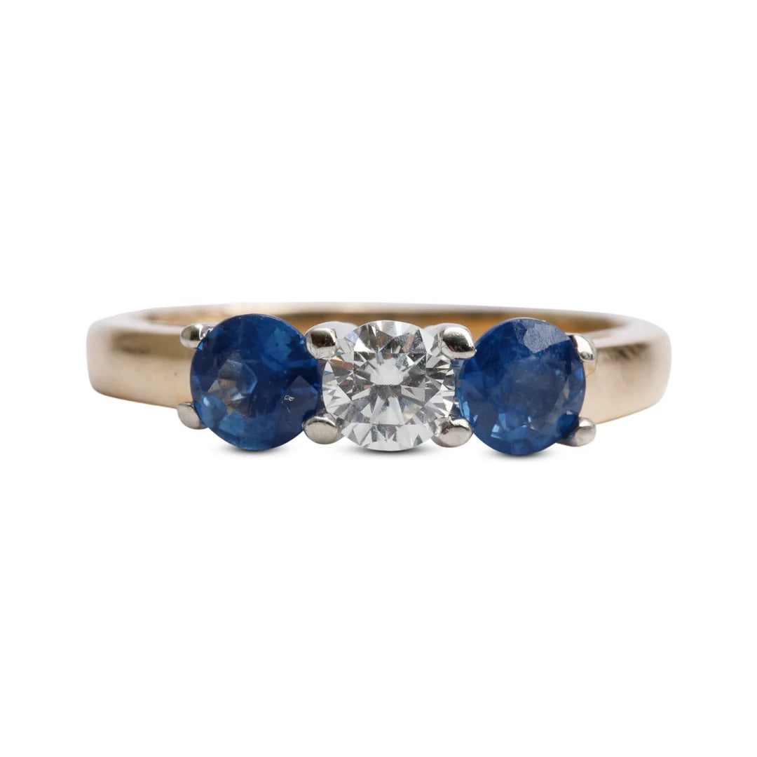 14k Yellow and White Gold Blue Sapphire &amp; Diamond Three Stone Ring, Size 6.75