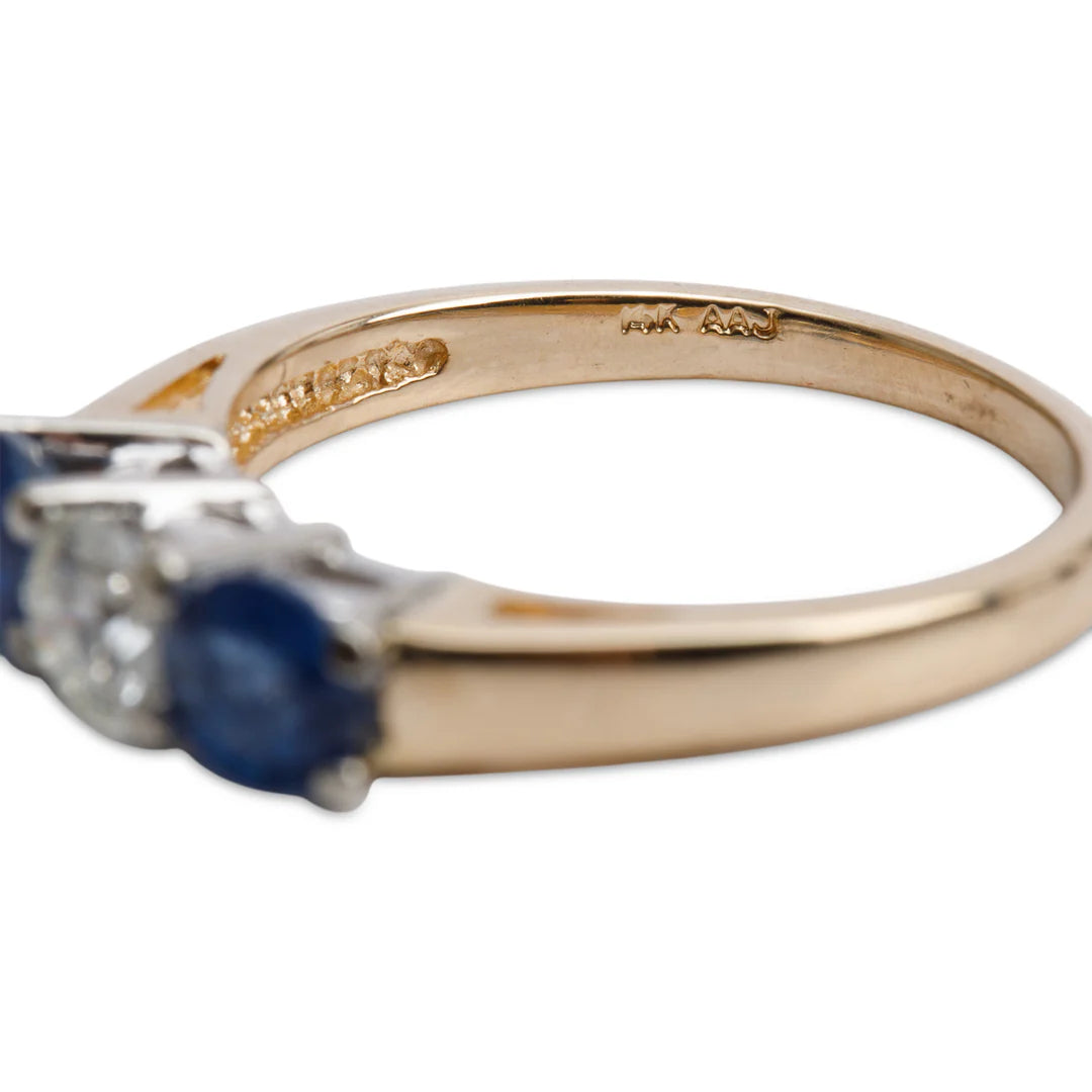14k Yellow and White Gold Blue Sapphire &amp; Diamond Three Stone Ring, Size 6.75
