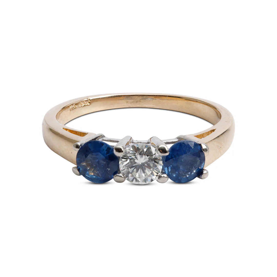 14k Yellow and White Gold Blue Sapphire &amp; Diamond Three Stone Ring, Size 6.75