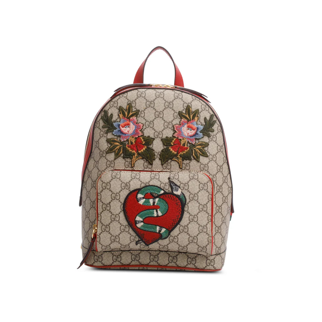 GG Supreme Monogram Web Kingsnake Heart Embroidered Small Day Backpack