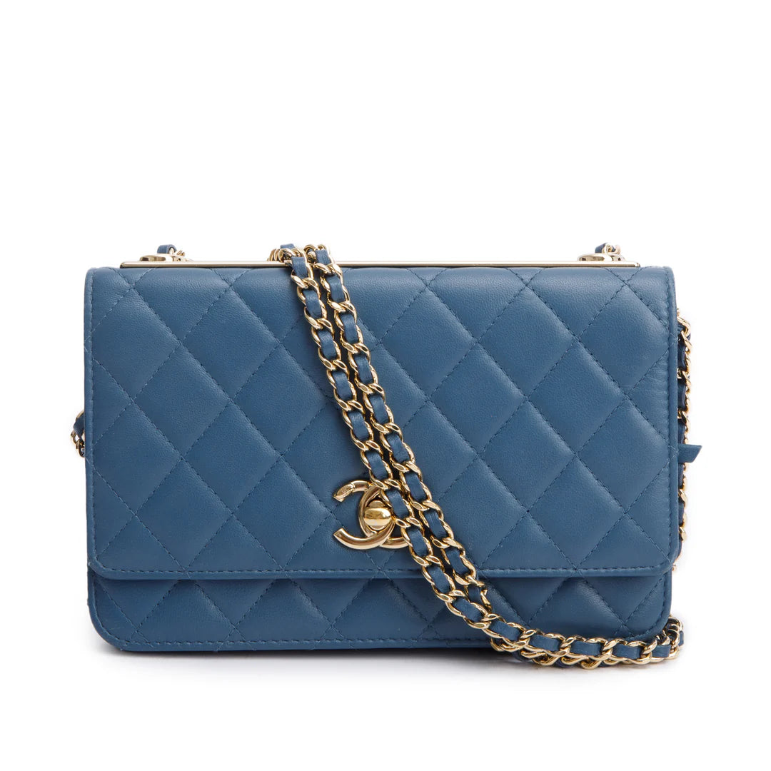 Blue Lambskin Leather Trendy CC Wallet on Chain w/ Box