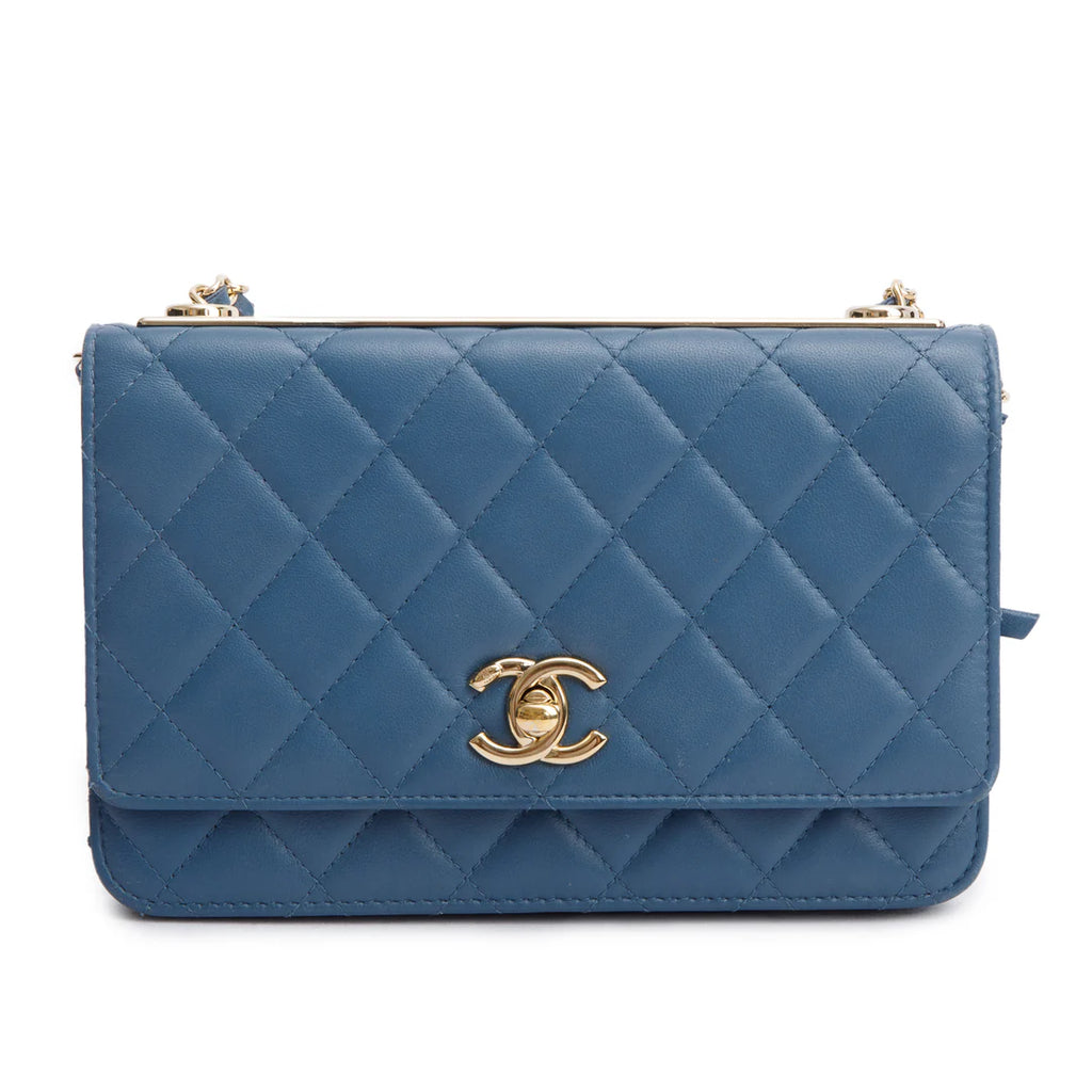 Blue Lambskin Leather Trendy CC Wallet on Chain w/ Box