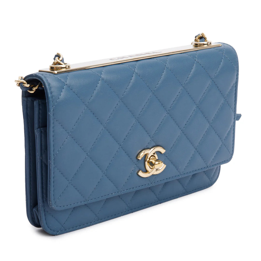 Blue Lambskin Leather Trendy CC Wallet on Chain w/ Box