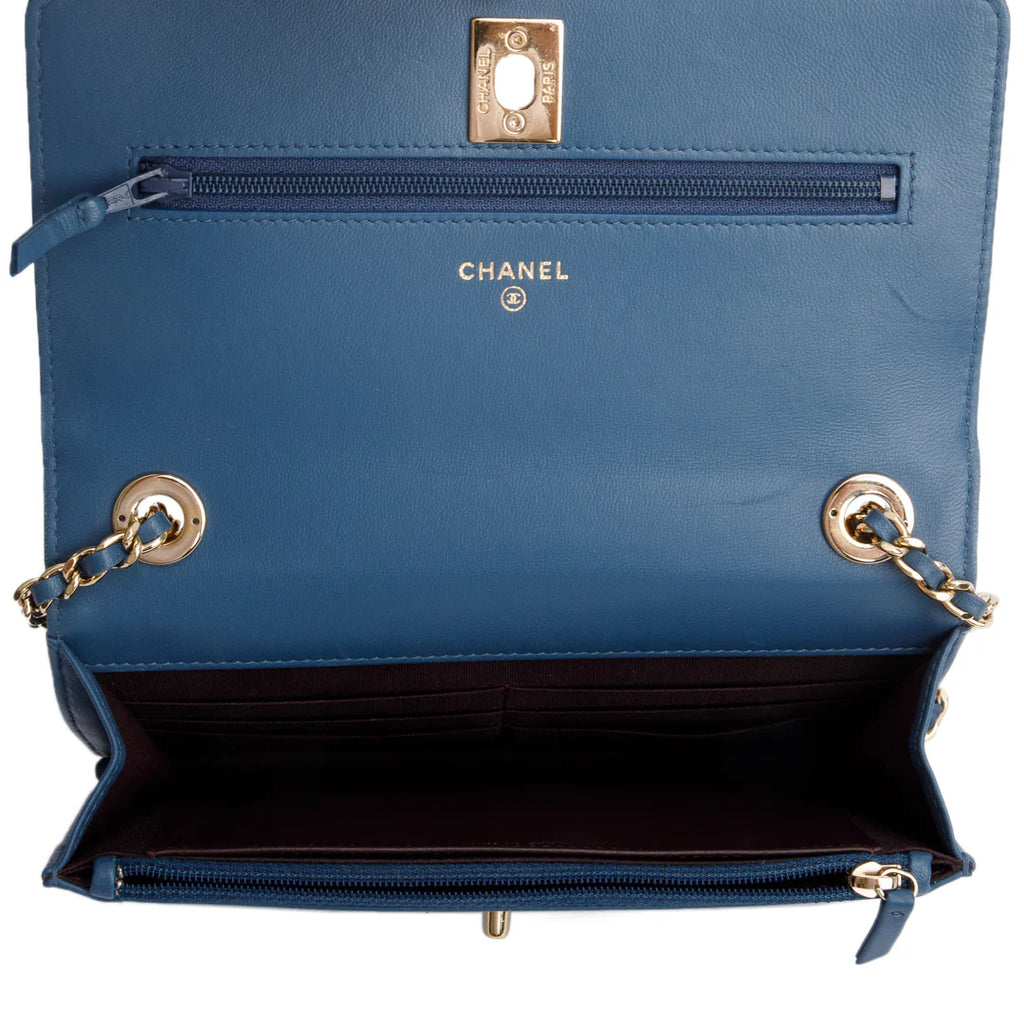 Blue Lambskin Leather Trendy CC Wallet on Chain w/ Box