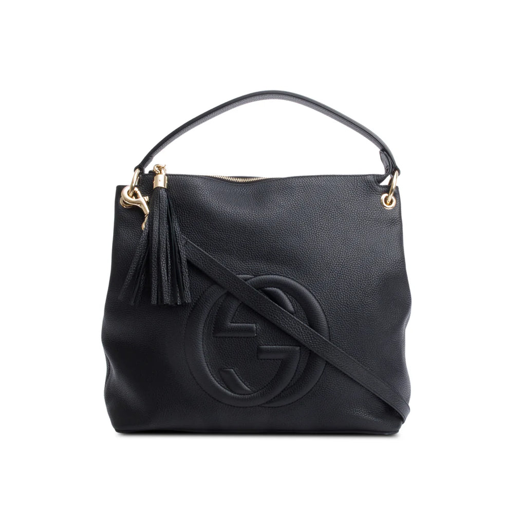 Black Pebbled Calfskin Leather Large Convertible Soho Hobo Bag w/ Strap