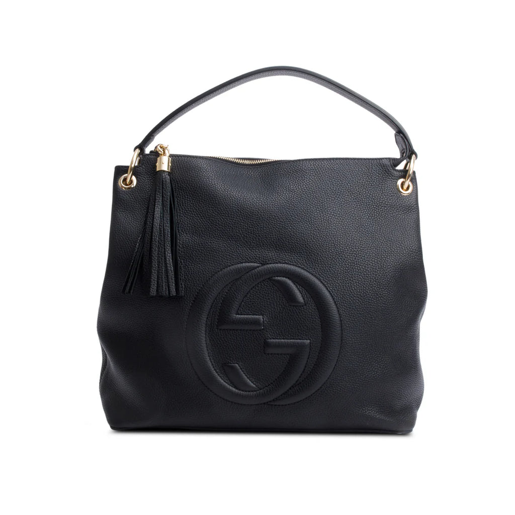 Black Pebbled Calfskin Leather Large Convertible Soho Hobo Bag w/ Strap