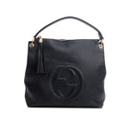 Black Pebbled Calfskin Leather Large Convertible Soho Hobo Bag w/ Strap