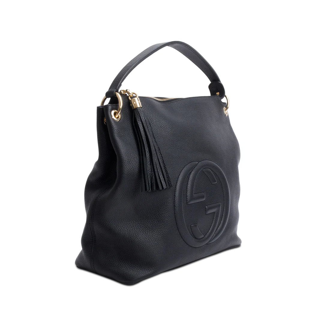 Black Pebbled Calfskin Leather Large Convertible Soho Hobo Bag w/ Strap