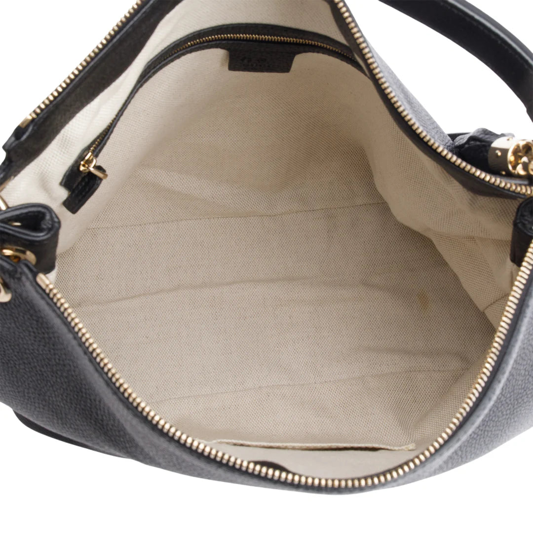 Black Pebbled Calfskin Leather Large Convertible Soho Hobo Bag w/ Strap