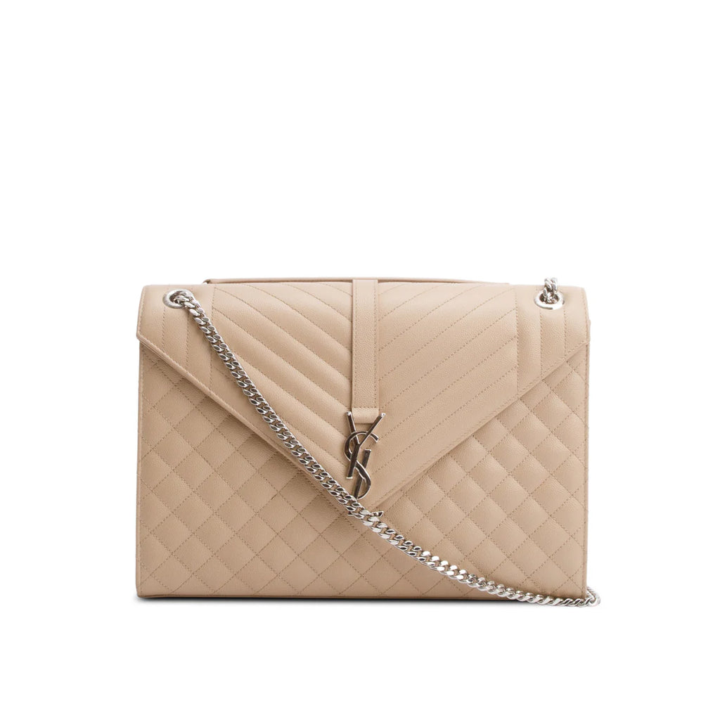 Beige Quilted Grain De Poudre Leather Large Envelope Chain Bag