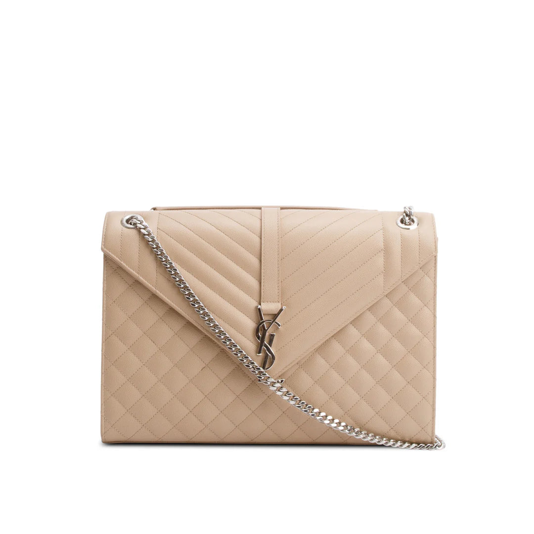 Beige Quilted Grain De Poudre Leather Large Envelope Chain Bag