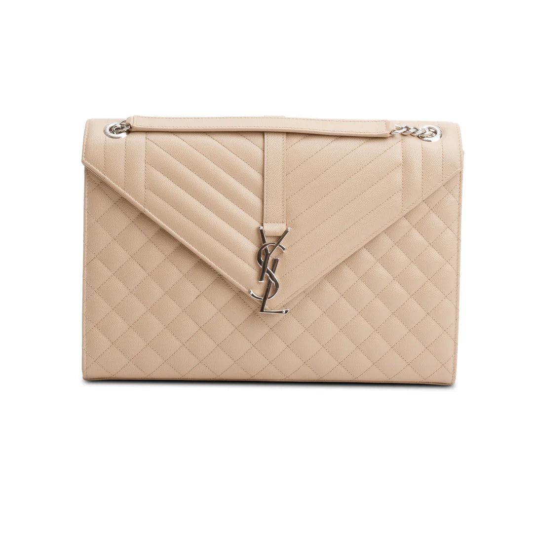 Beige Quilted Grain De Poudre Leather Large Envelope Chain Bag
