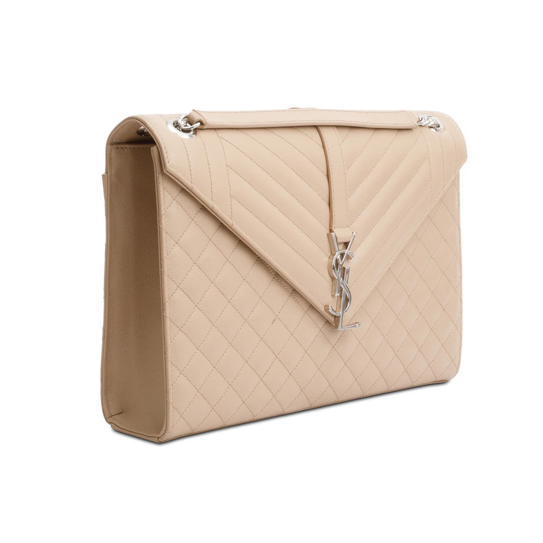 Beige Quilted Grain De Poudre Leather Large Envelope Chain Bag