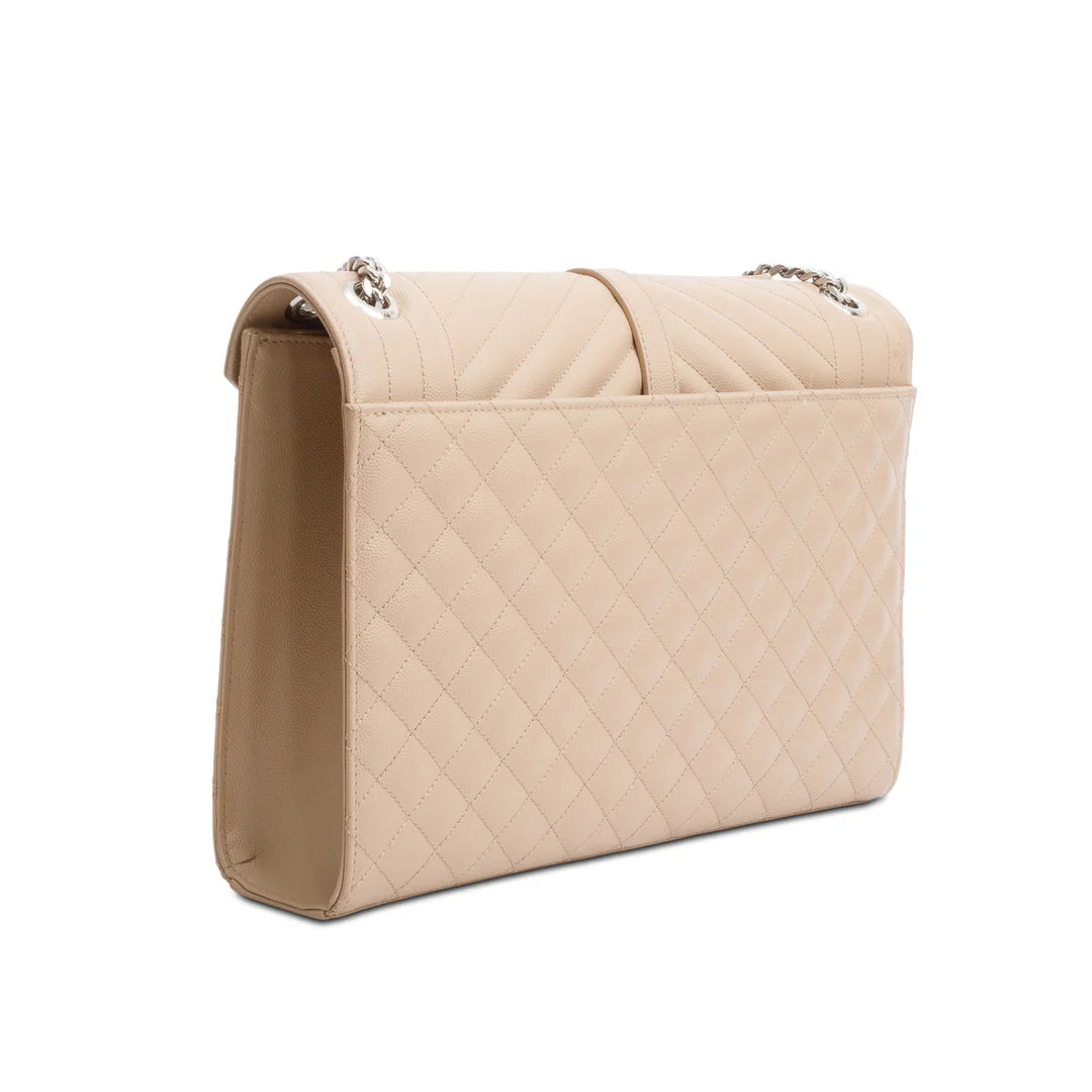 Beige Quilted Grain De Poudre Leather Large Envelope Chain Bag