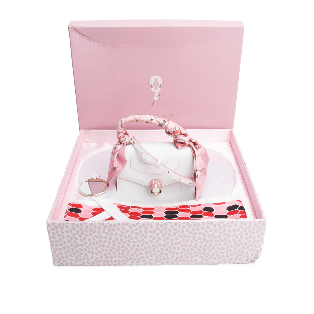 Bvlgari White/Pink Serpenti Forever Top Handle w/ Box, Straps, &amp; Two Scarves