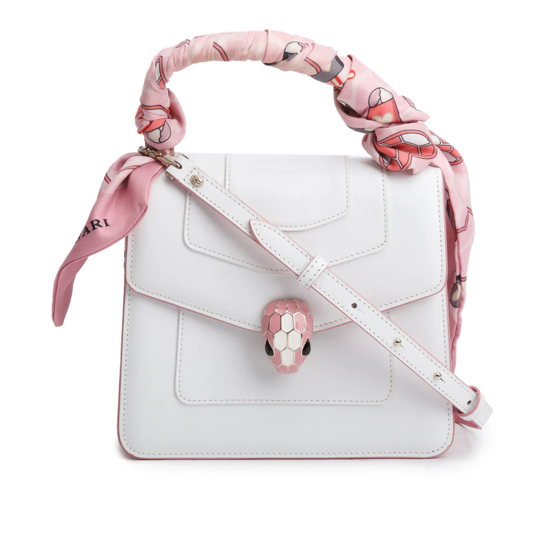 Bvlgari White/Pink Serpenti Forever Top Handle w/ Box, Straps, &amp; Two Scarves