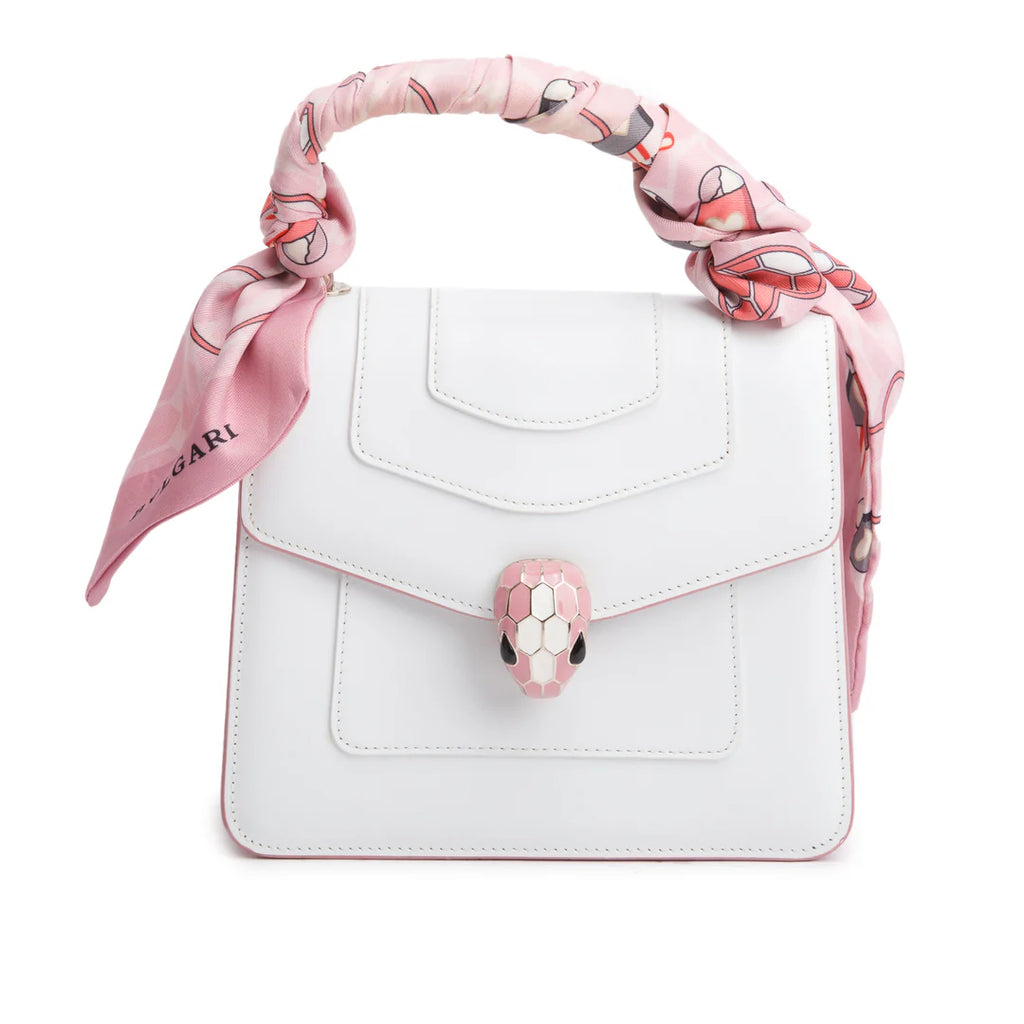 Bvlgari White/Pink Serpenti Forever Top Handle w/ Box, Straps, &amp; Two Scarves