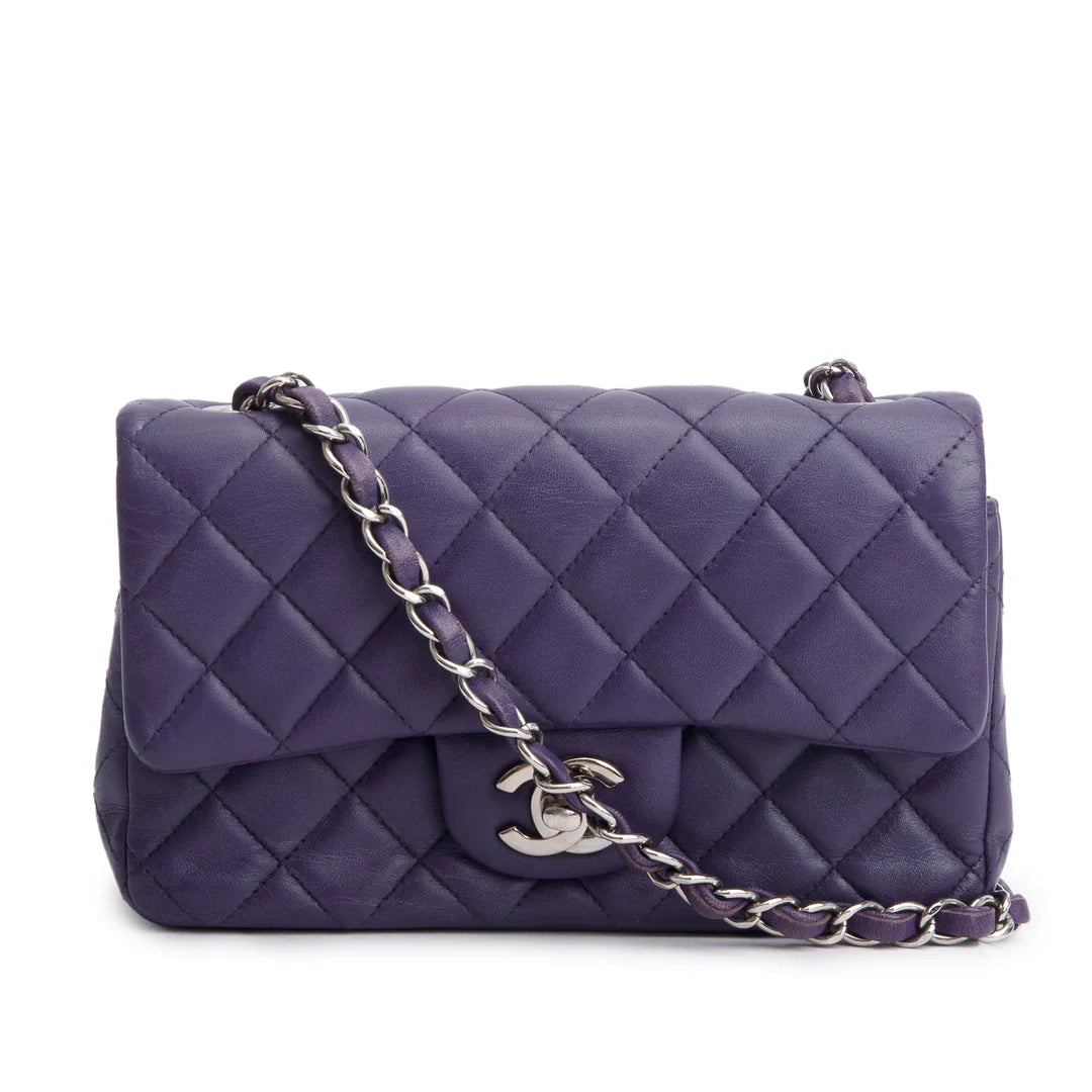 Quilted Purple Lambskin Mini Rectangular Flap Bag