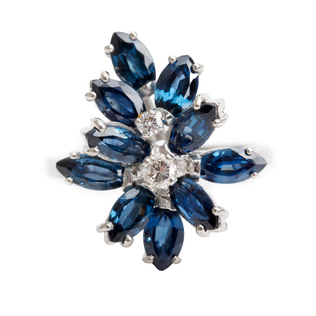18k White Gold Blue Sapphire &amp; Diamond Cluster Ring, Size 7