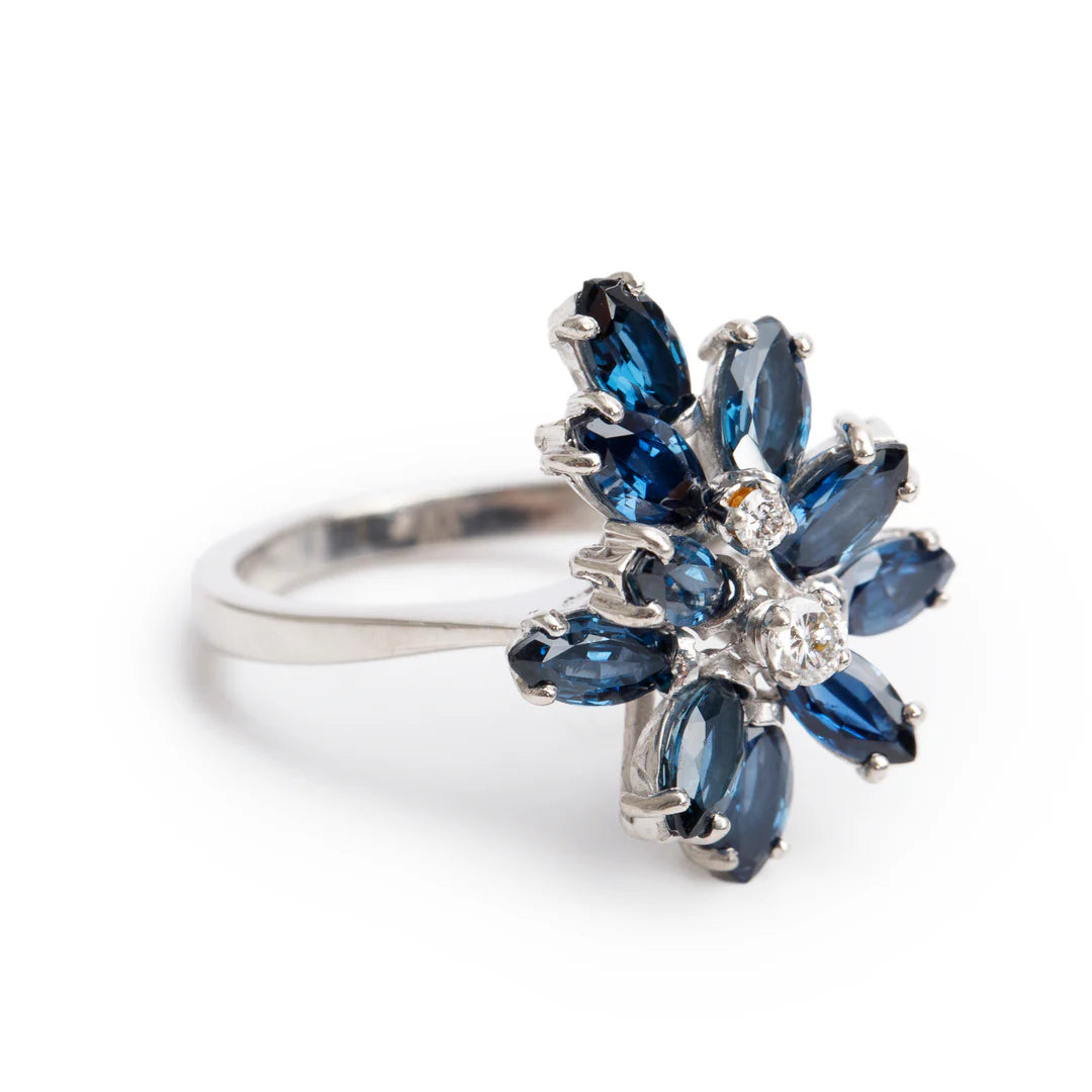 18k White Gold Blue Sapphire &amp; Diamond Cluster Ring, Size 7