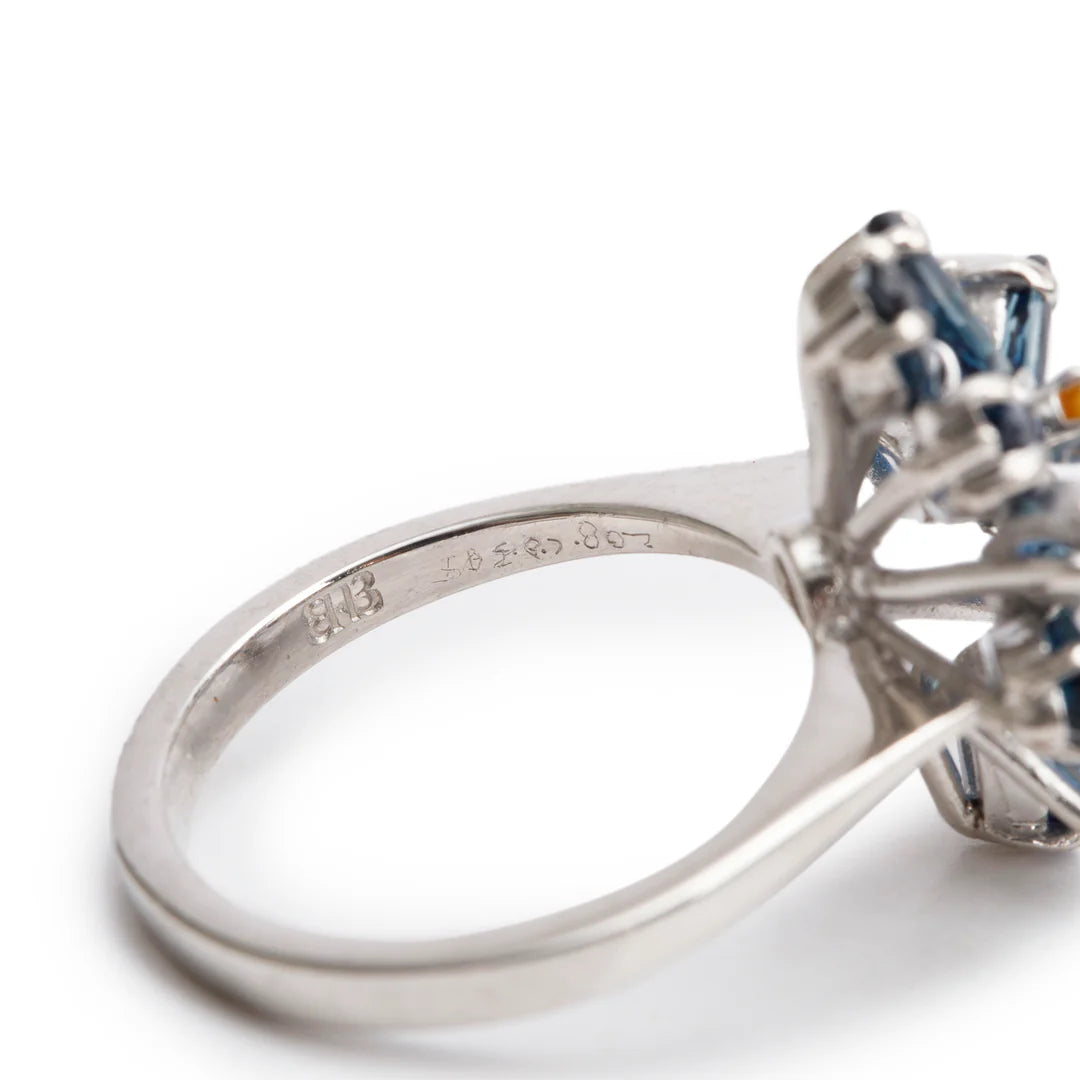 18k White Gold Blue Sapphire &amp; Diamond Cluster Ring, Size 7