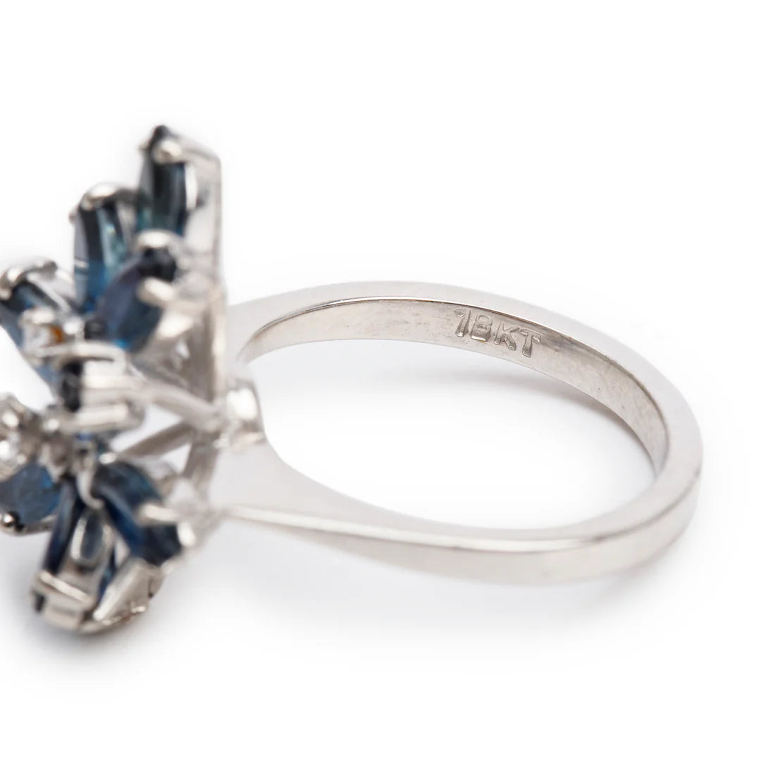 18k White Gold Blue Sapphire &amp; Diamond Cluster Ring, Size 7