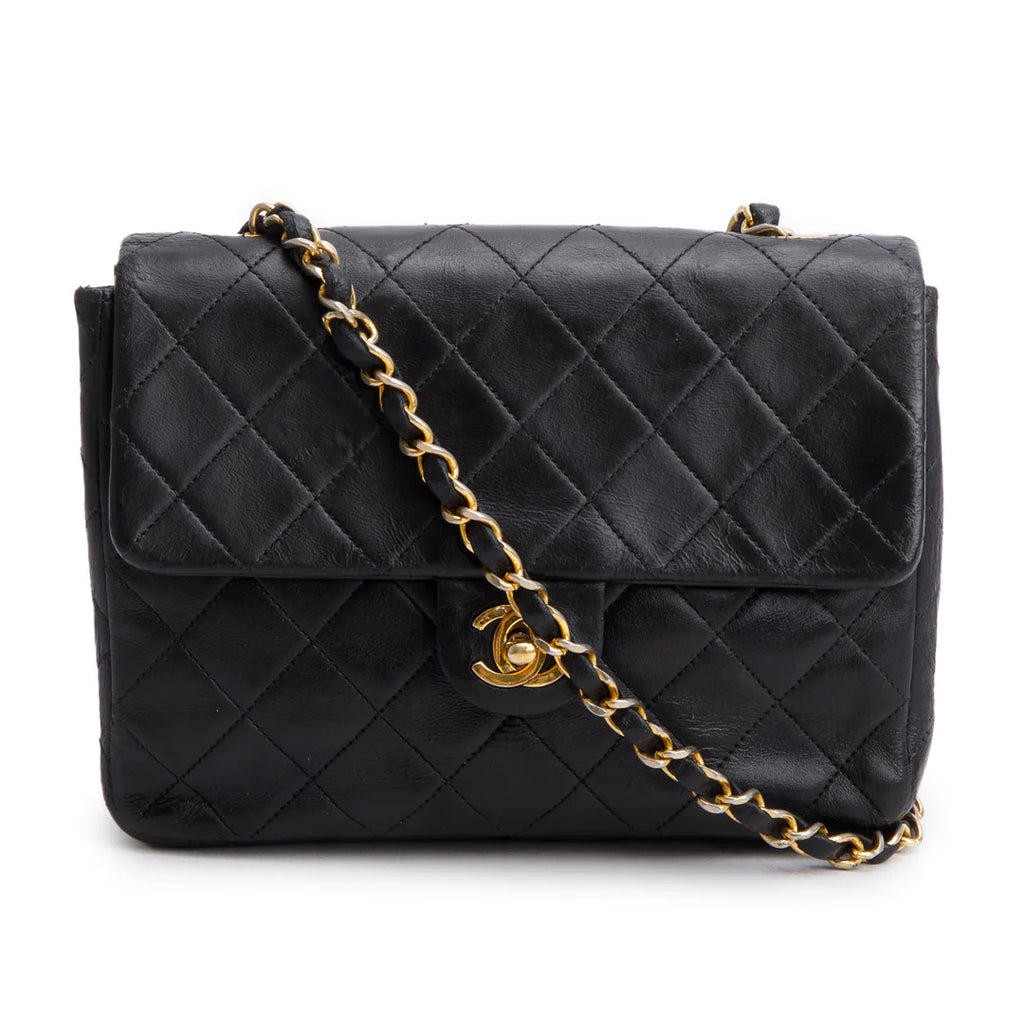 Vintage Black Lambskin Quilted Mini Square Flap Bag w/ Authenticity Card