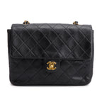 Vintage Black Lambskin Quilted Mini Square Flap Bag w/ Authenticity Card