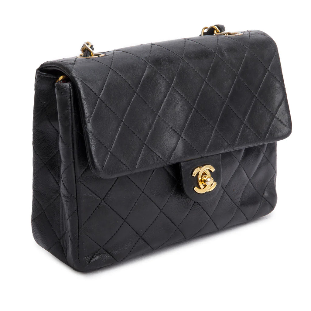 Vintage Black Lambskin Quilted Mini Square Flap Bag w/ Authenticity Card