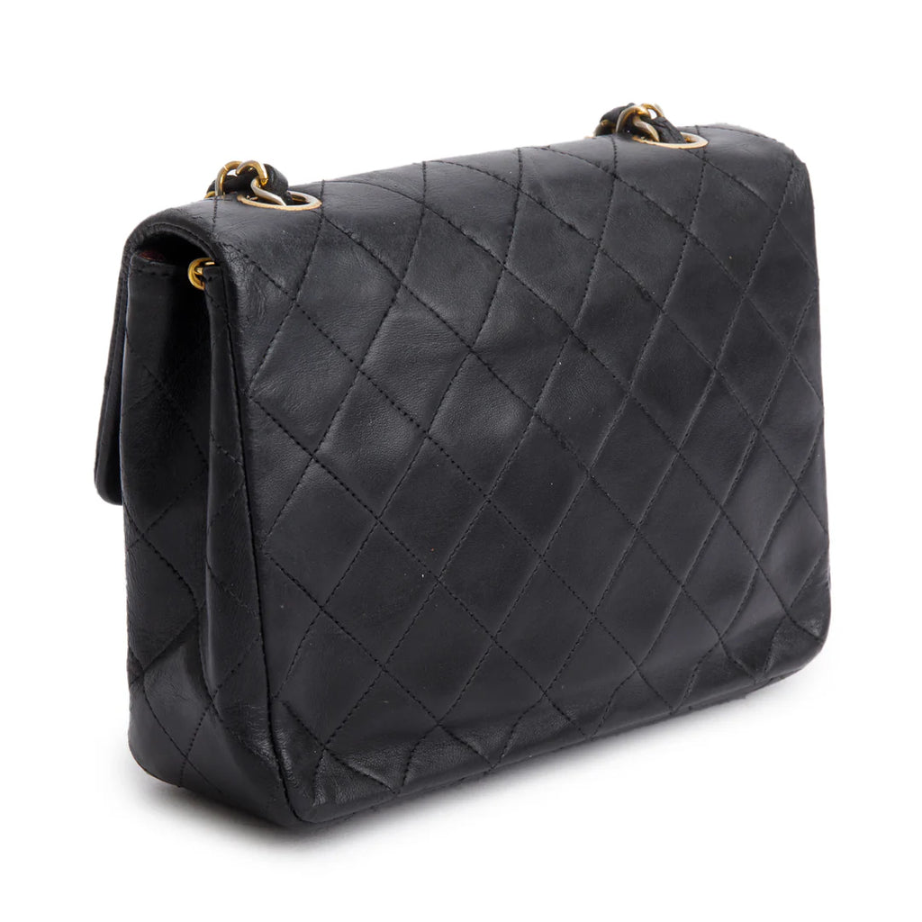 Vintage Black Lambskin Quilted Mini Square Flap Bag w/ Authenticity Card