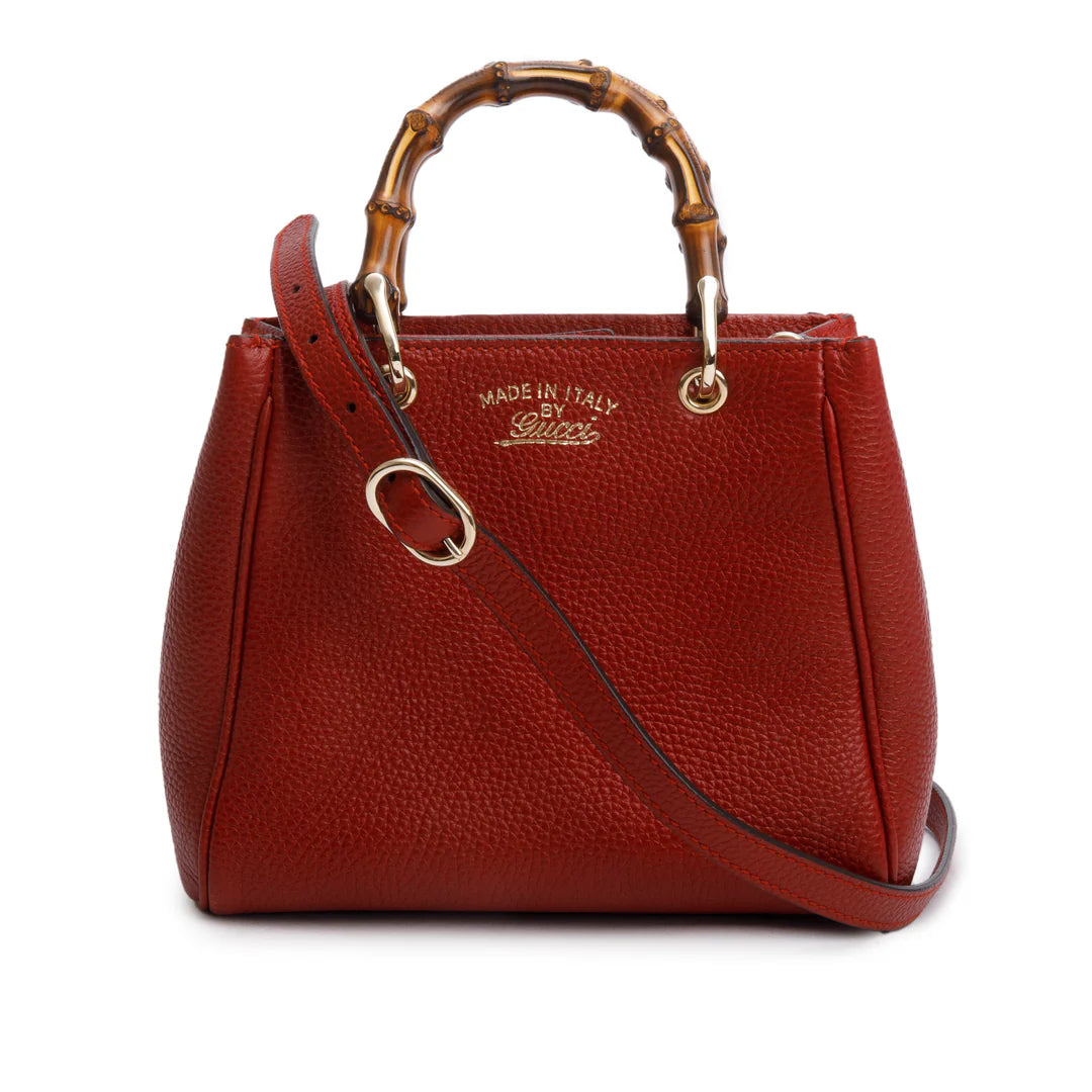 Red Calfskin Mini Bamboo Shopper Tote w/ Strap