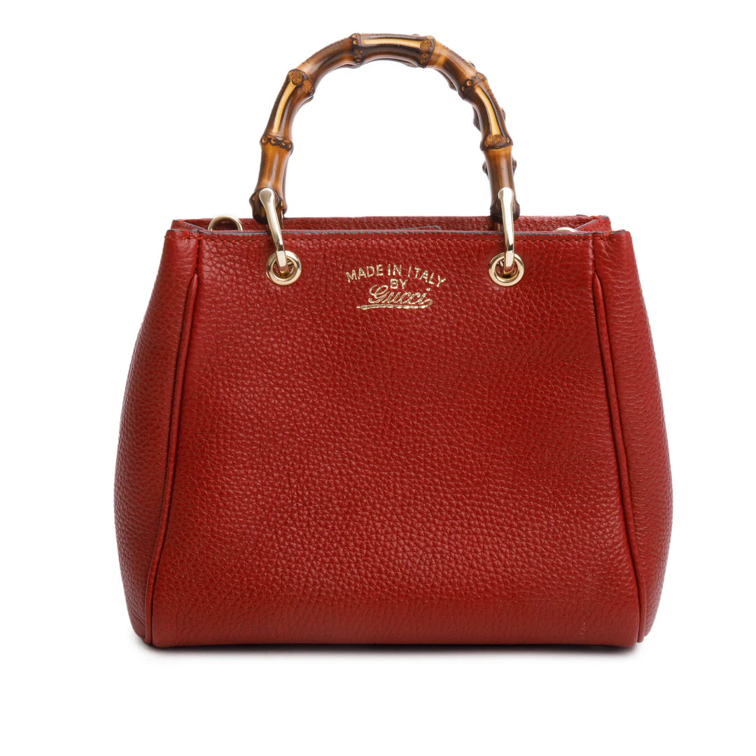 Red Calfskin Mini Bamboo Shopper Tote w/ Strap