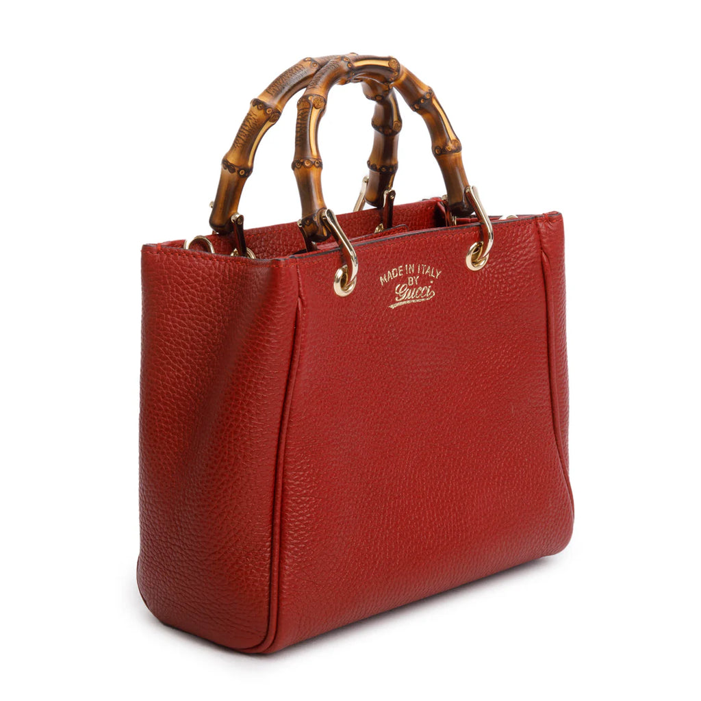 Red Calfskin Mini Bamboo Shopper Tote w/ Strap