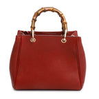 Red Calfskin Mini Bamboo Shopper Tote w/ Strap