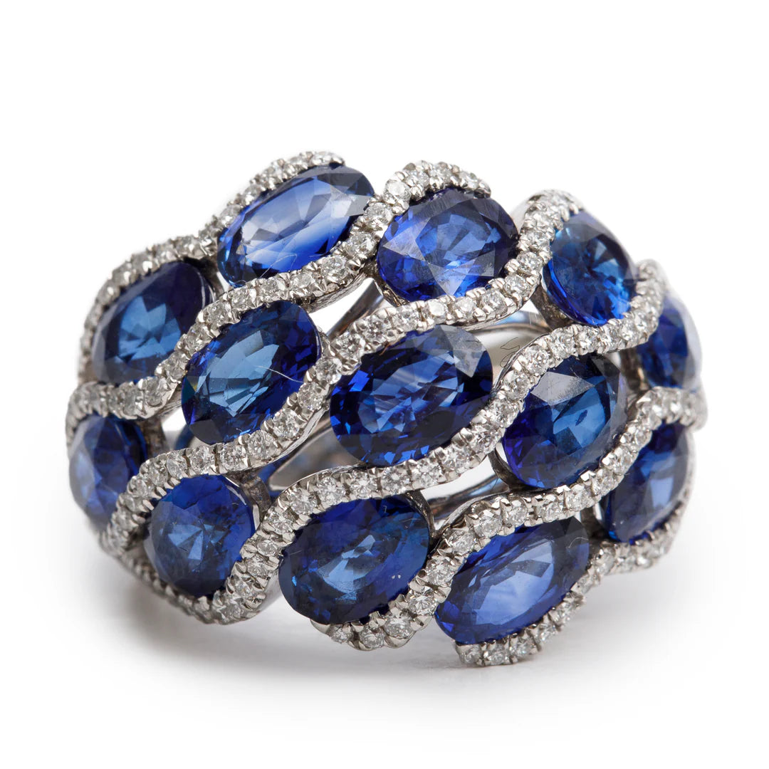 18k White Gold Blue Sapphire &amp; Diamond Cluster Ring, Size 6.5