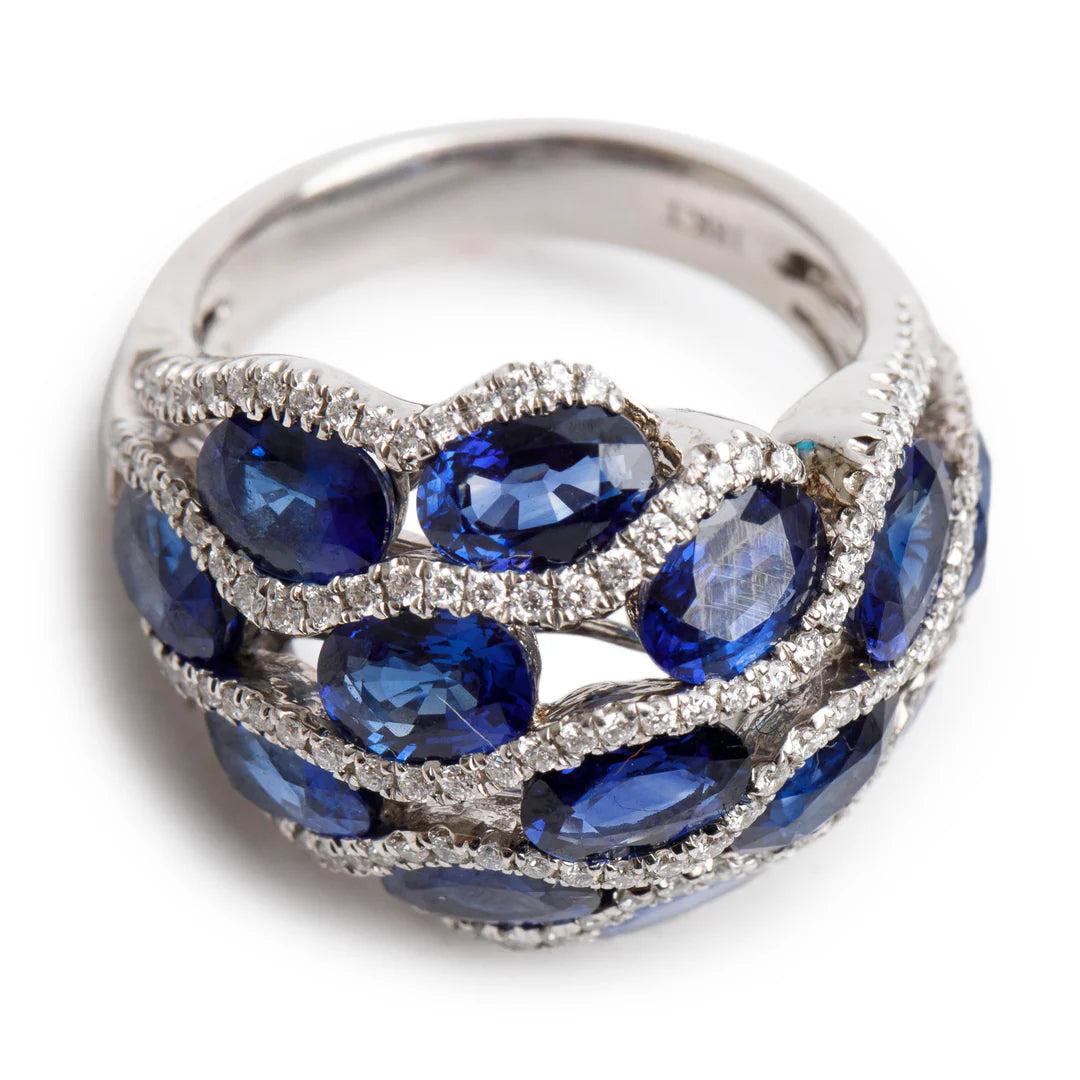 18k White Gold Blue Sapphire &amp; Diamond Cluster Ring, Size 6.5