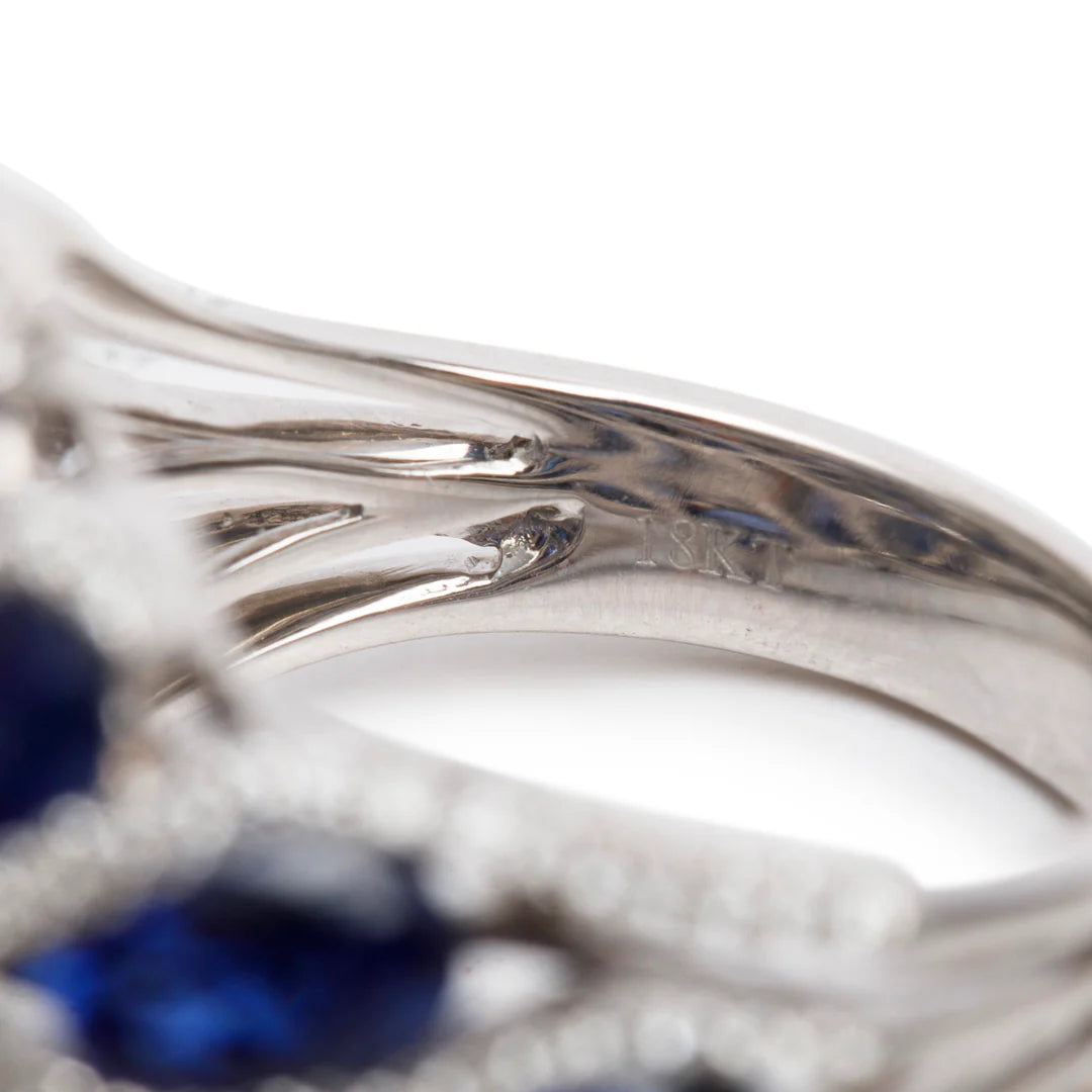 18k White Gold Blue Sapphire &amp; Diamond Cluster Ring, Size 6.5