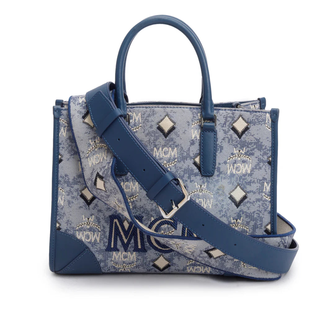 Blue Vintage Monogram Jacquard Small Munchen Tote w/ Strap
