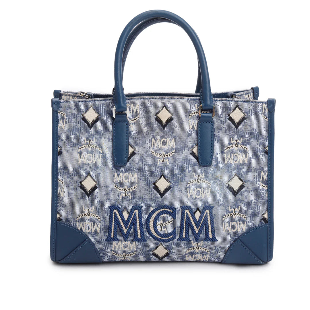 Blue Vintage Monogram Jacquard Small Munchen Tote w/ Strap