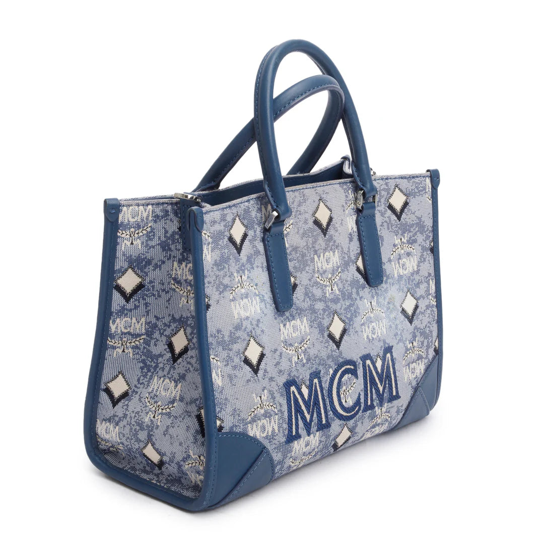 Blue Vintage Monogram Jacquard Small Munchen Tote w/ Strap