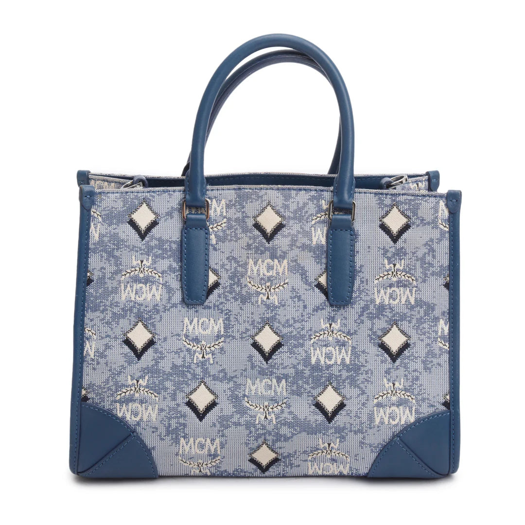 Blue Vintage Monogram Jacquard Small Munchen Tote w/ Strap