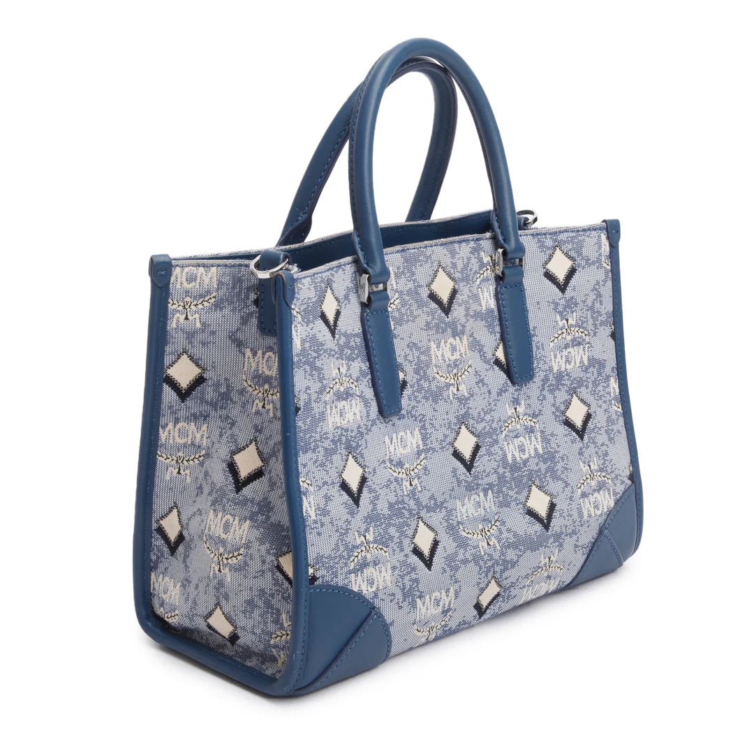 Blue Vintage Monogram Jacquard Small Munchen Tote w/ Strap