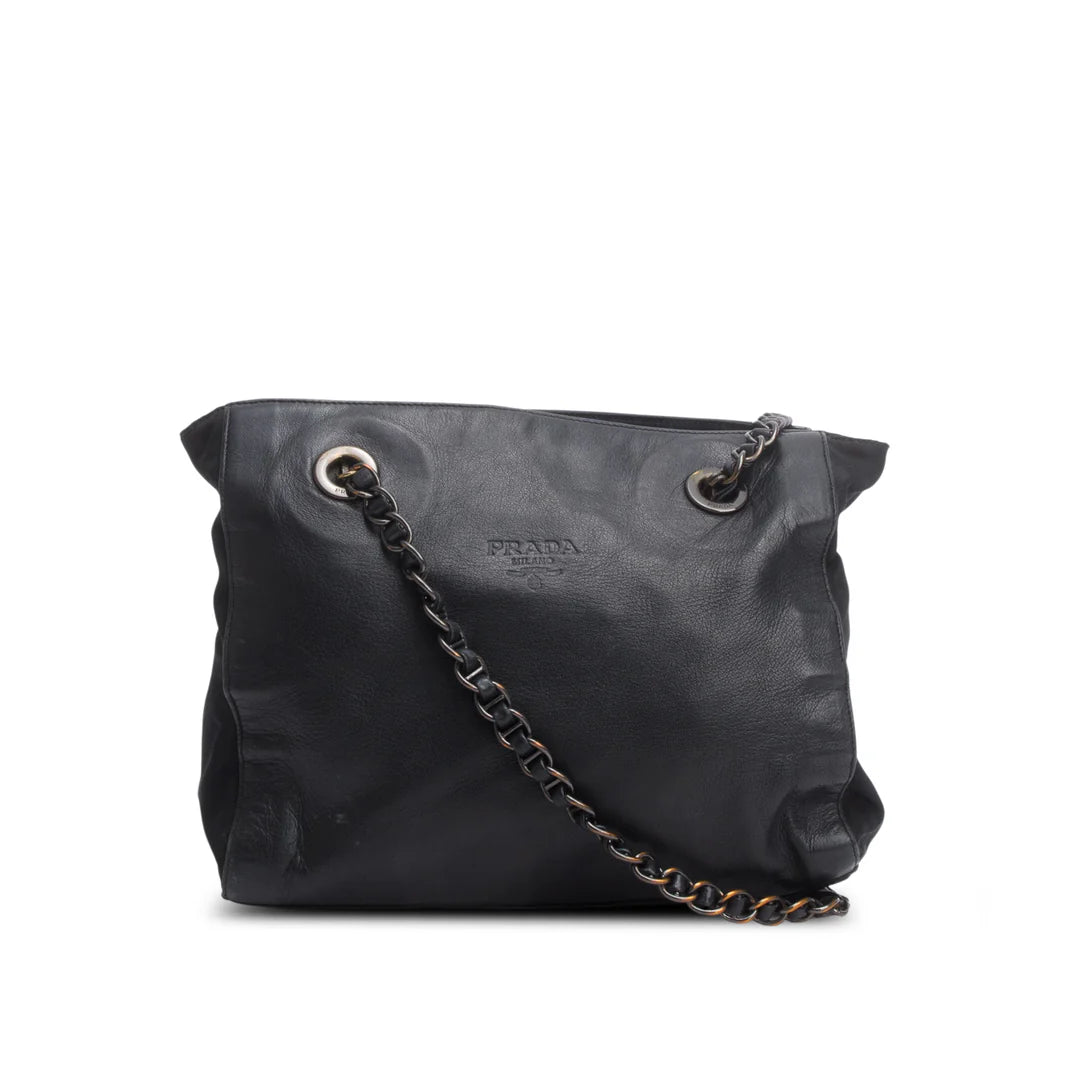 Black Nappa Leather &amp; Tessuto Nylon Catena Bag